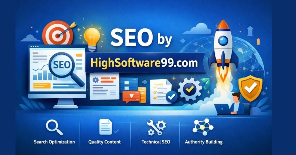 Best SEO strategies for small businesses illustrated with SEO dashboard, search analytics, rocket growth, and digital optimization icons.