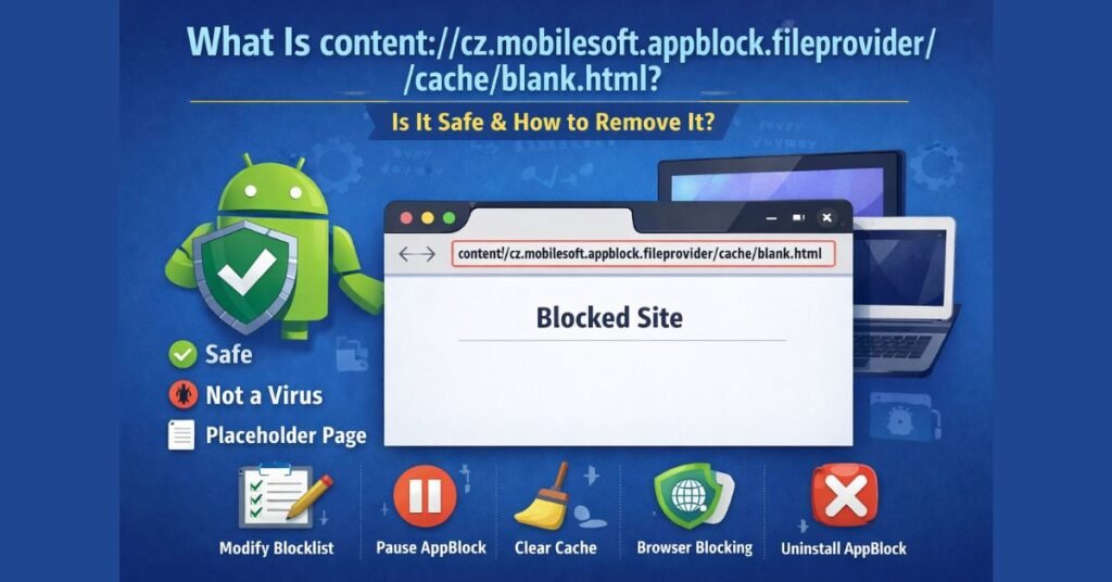 Illustration explaining content://cz.mobilesoft.appblock.fileprovider/cache/blank.html showing an Android device blocking a website with a placeholder blank page generated by AppBlock.