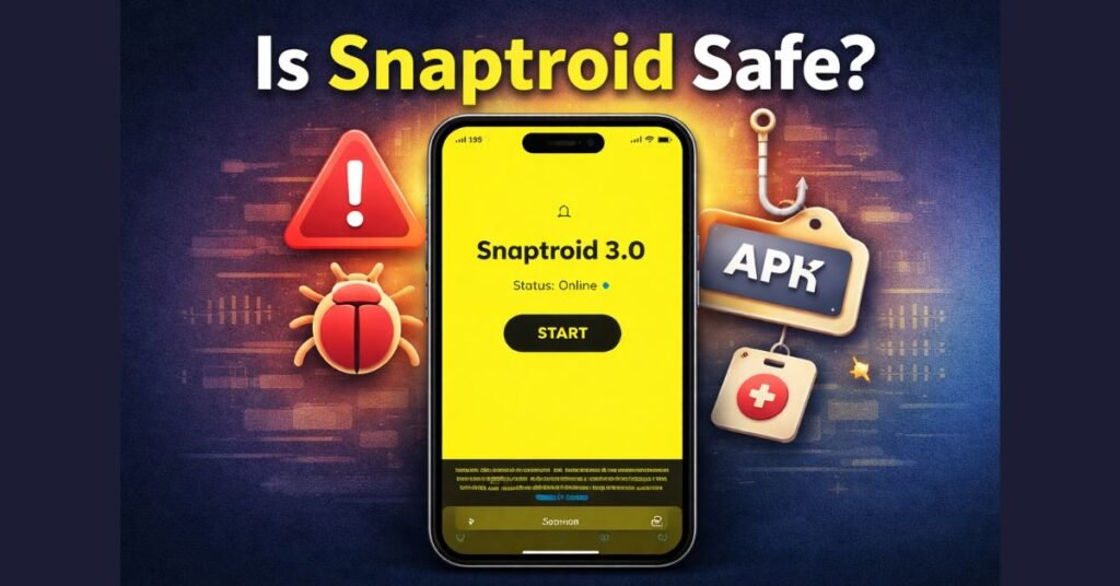 Snaptroid 3.0 interface displayed on a smartphone screen with a yellow background and a start button for scanning online activity.
