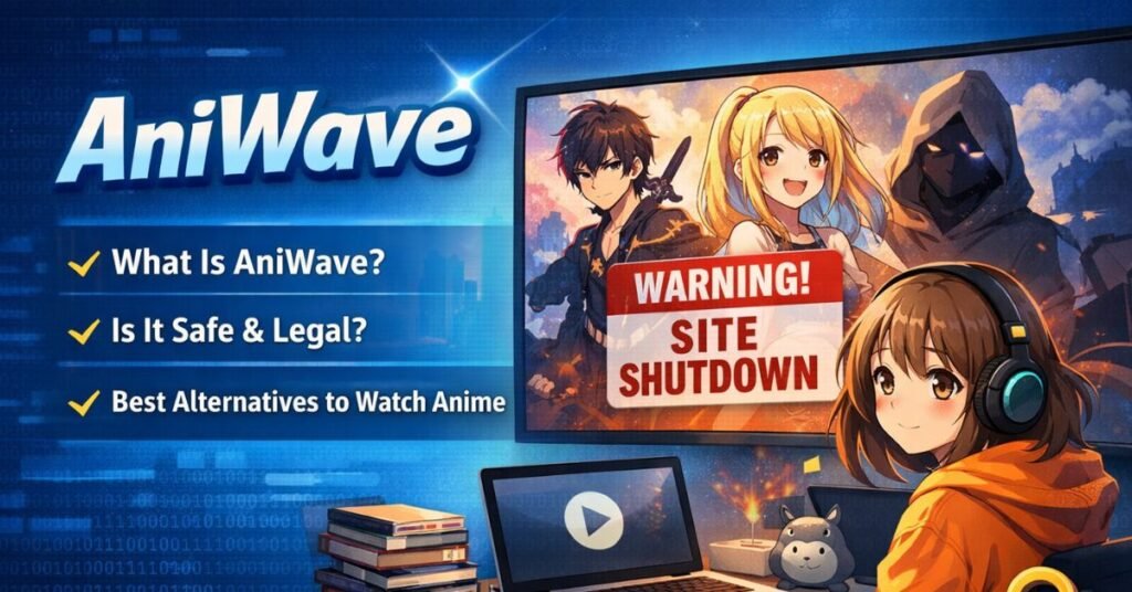 AniWave anime streaming website concept illustration showing anime characters on a screen with a site shutdown warning and a viewer watching anime on a laptop.