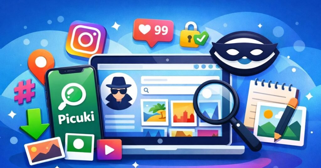 Picuki Instagram viewer interface illustration showing anonymous browsing, hashtag search, story viewing, and media download features.