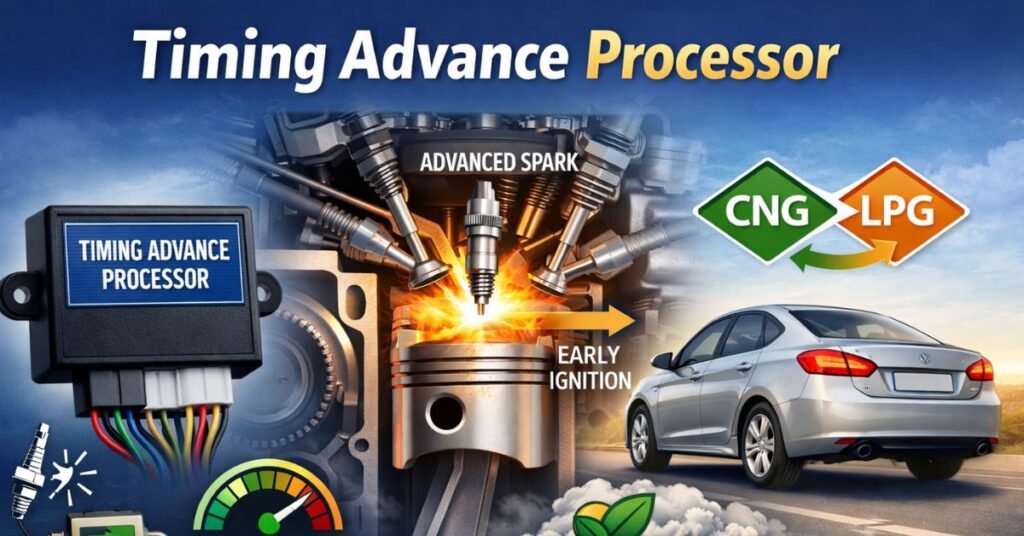 Timing advance processor device adjusting ignition timing in a car engine to improve CNG and LPG fuel performance.