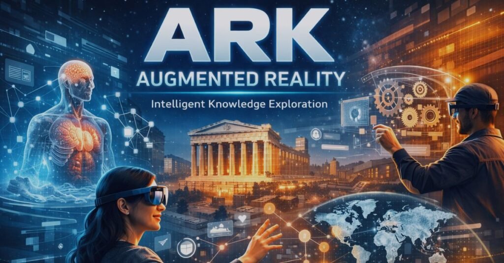ARK augmented reality concept showing people using AR glasses to interact with holographic knowledge graphs, digital human anatomy, and virtual engineering systems in a futuristic smart city environment.